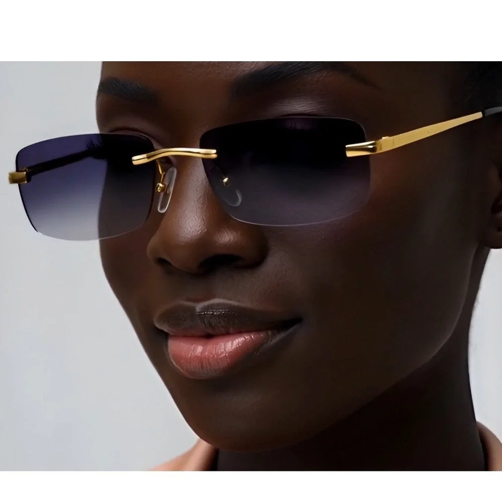 Rimless Sunglasses Gold Frame Black Lens Rectangle Fashion Sun Glasses Women New